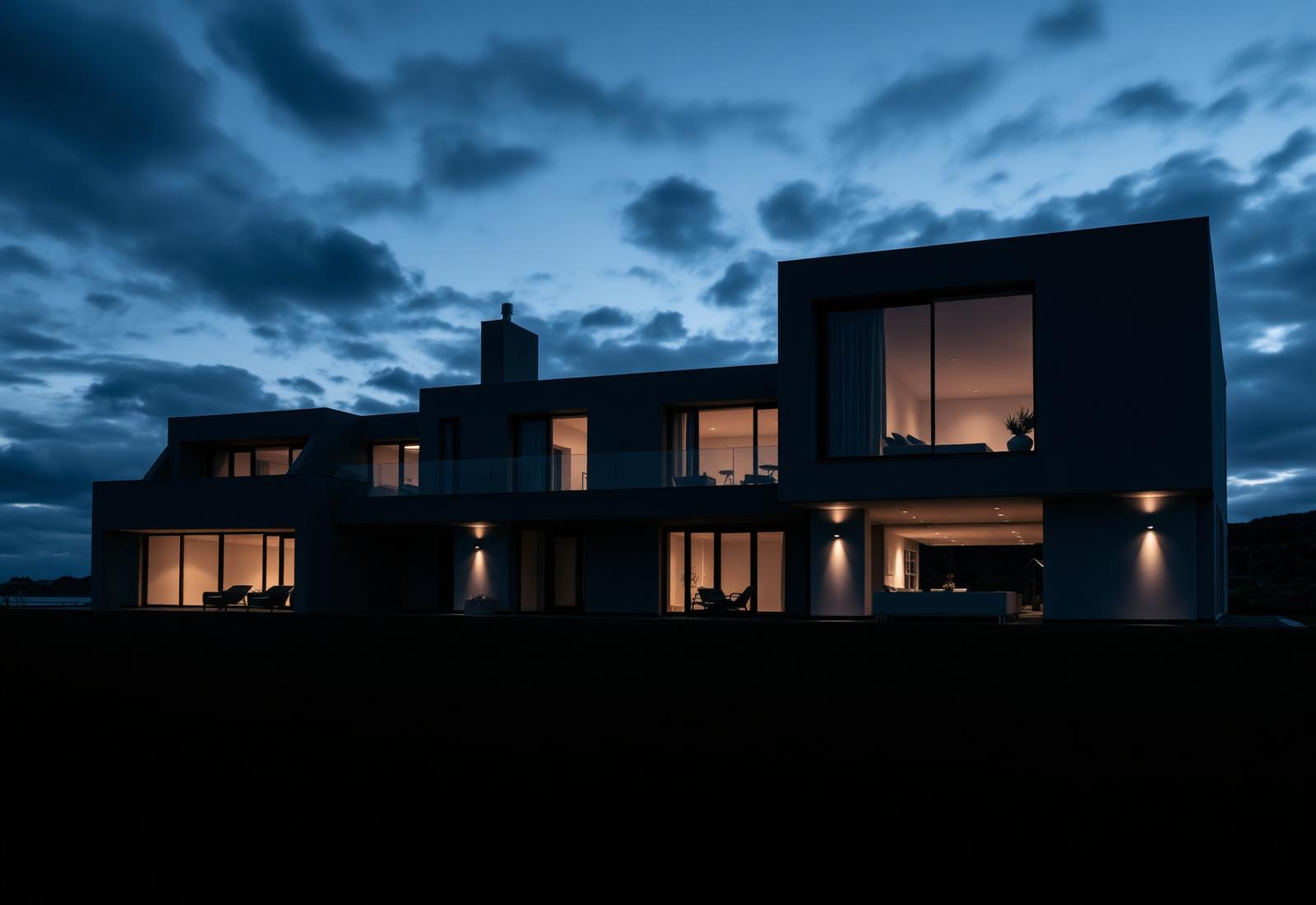 Modernist coastal home at blue hour